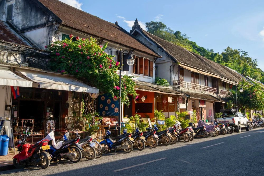 A street lined with traditional shophouses in Luang Prabang's old town