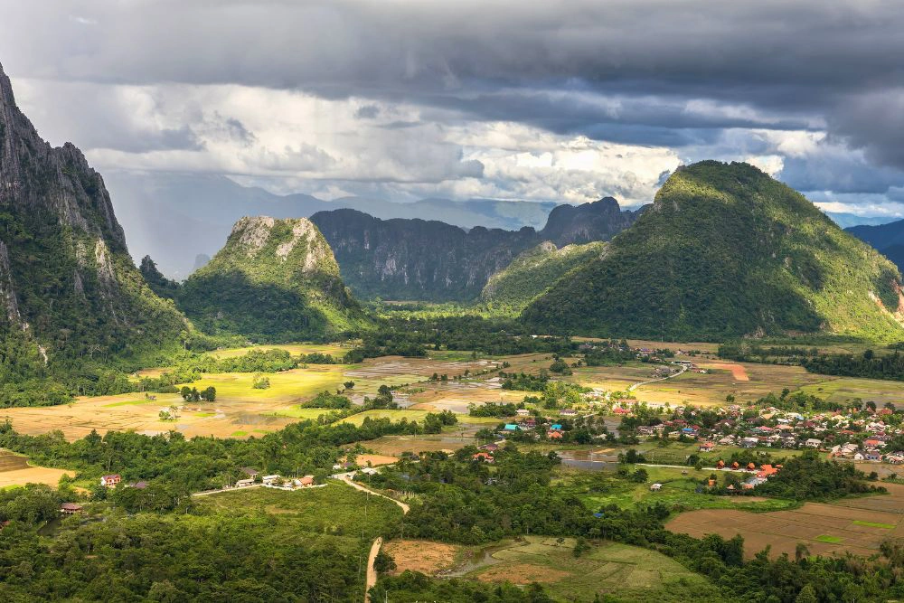 Karst landscape and rice paddies in Vang Vieng